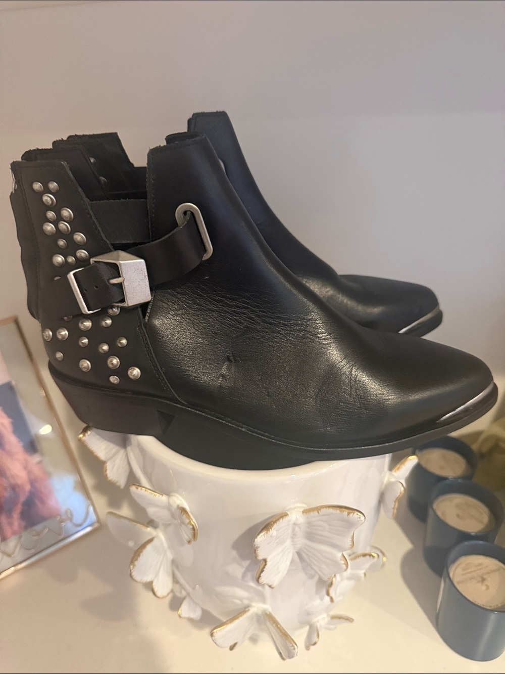 Zara Black Leather Studded Ankle Booties with Buckle